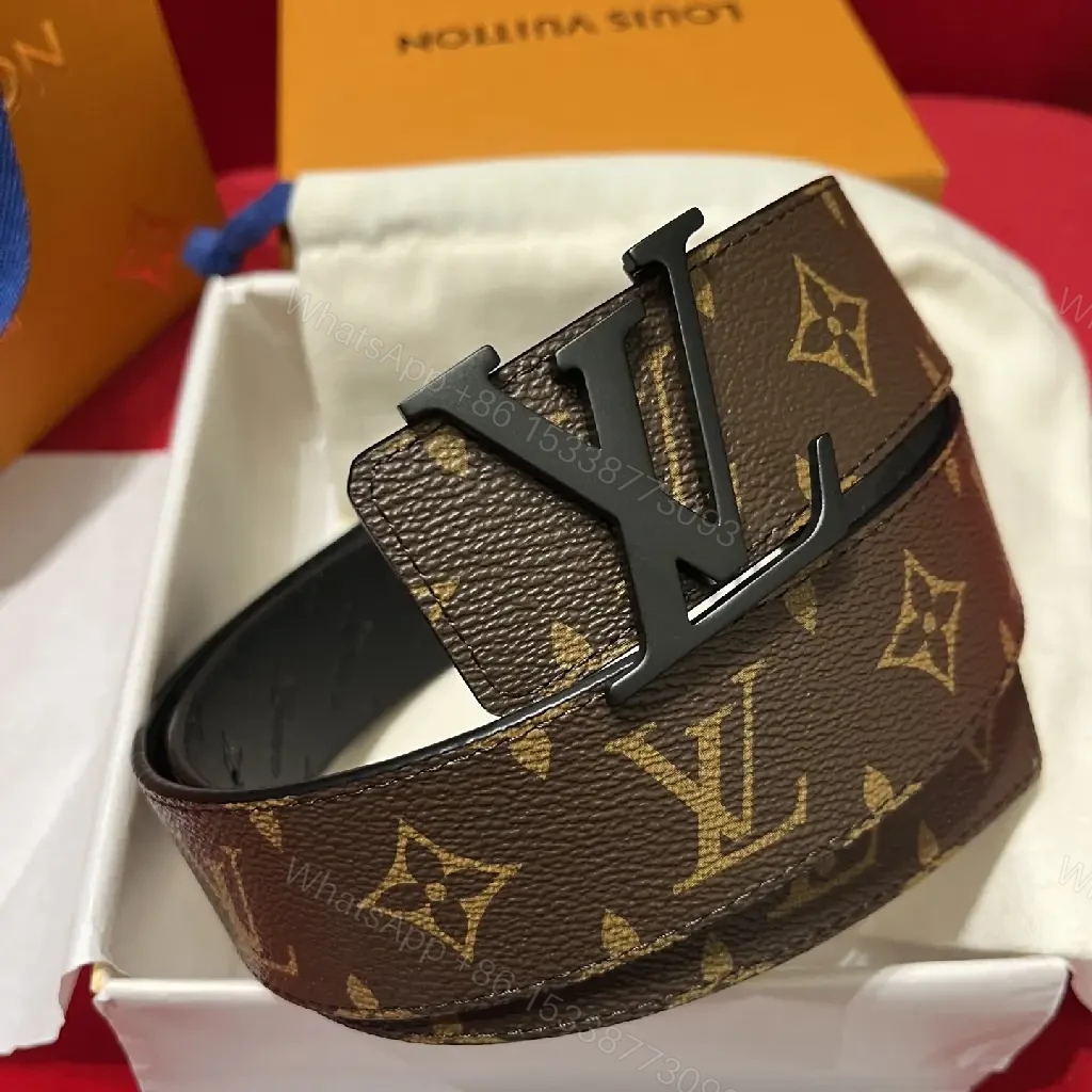 View 4 of Brown & Black LV Monogram Belt with Metal Logo Buckle