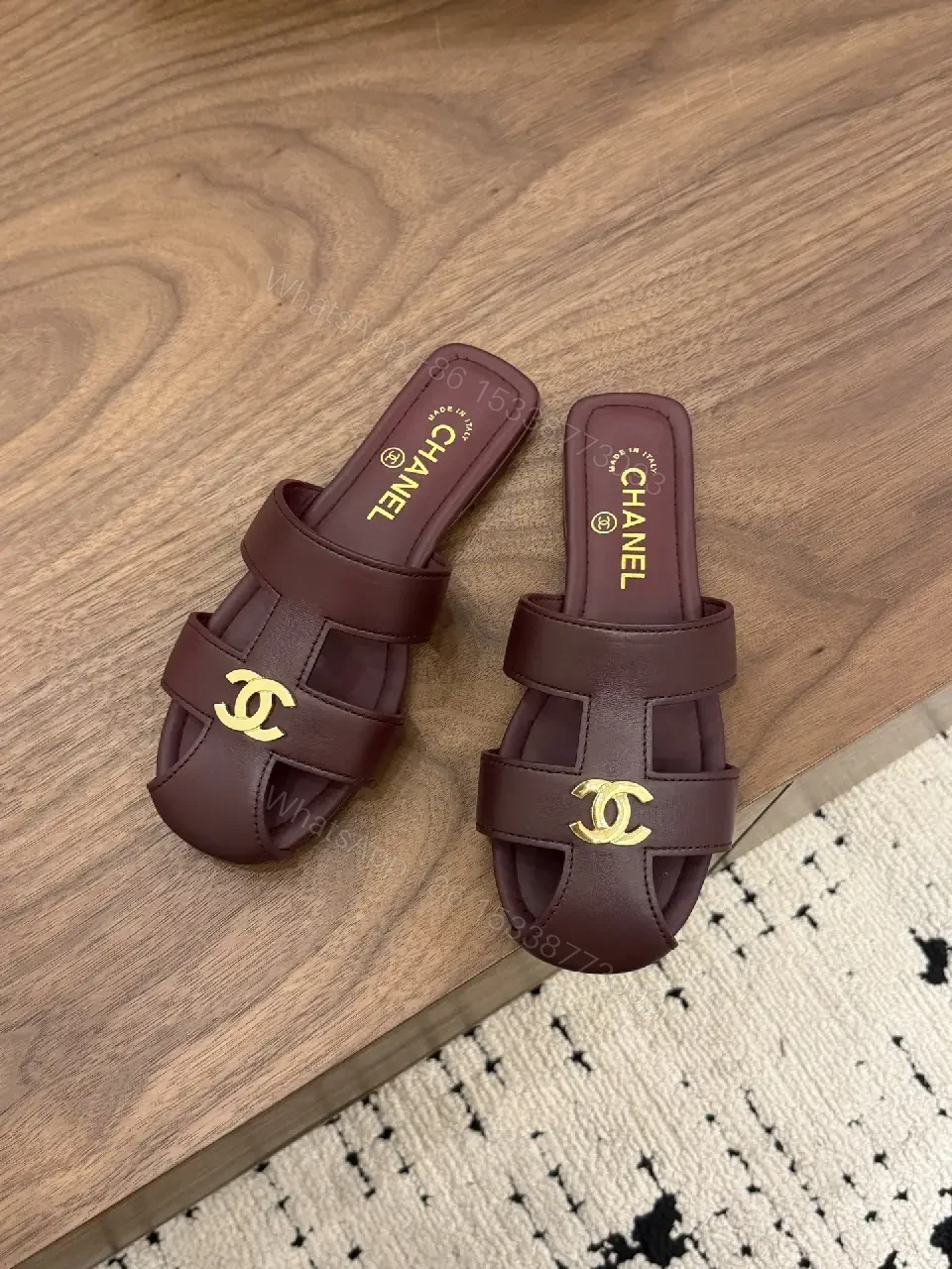 View 5 of Brown Leather Sandals, Gold CHANEL Logo, Slides, Open-Toe Style