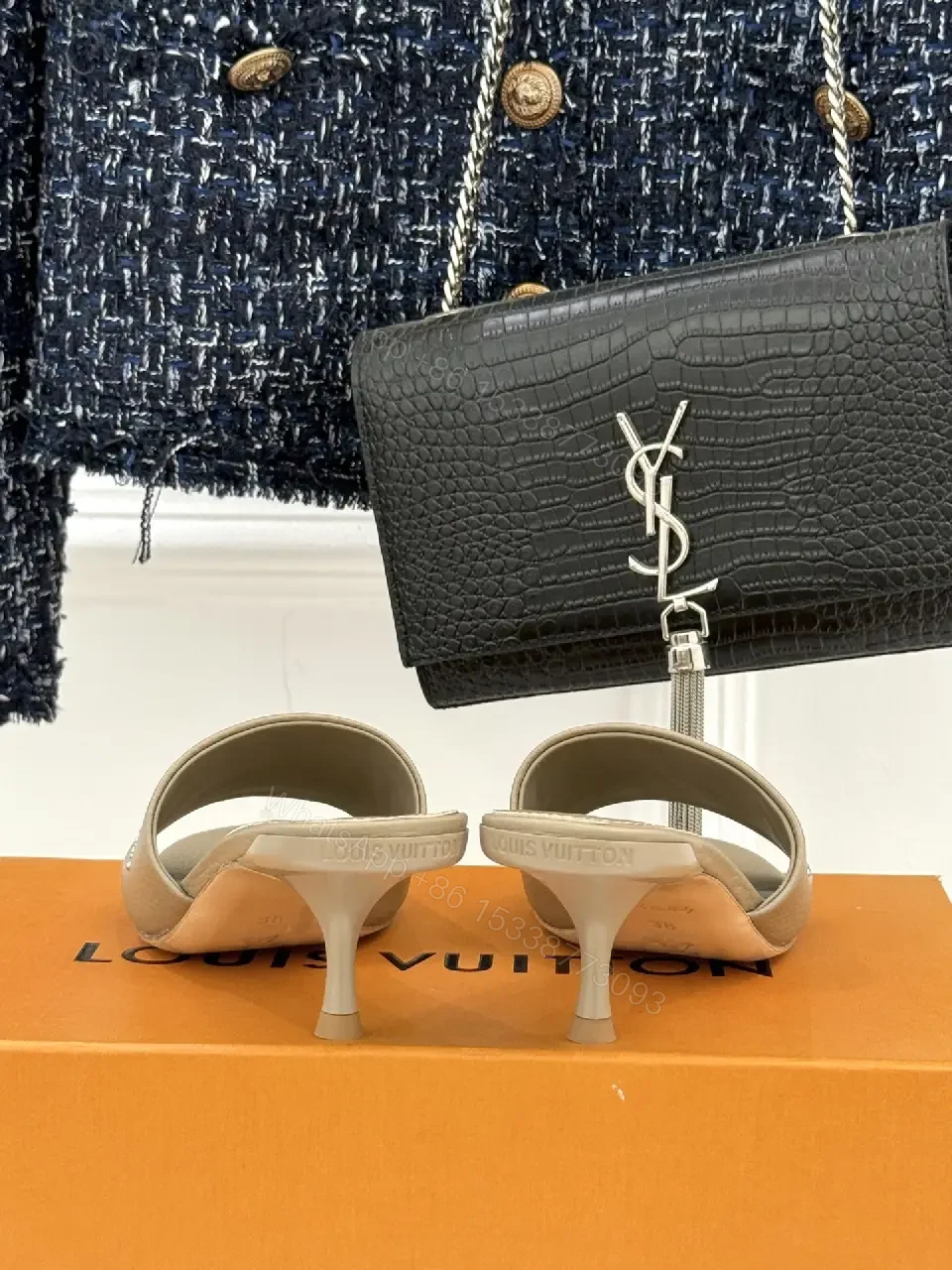 View 7 of Textured Taupe Slip-On Sandals – Lux Comfort, Subtle LV Style
