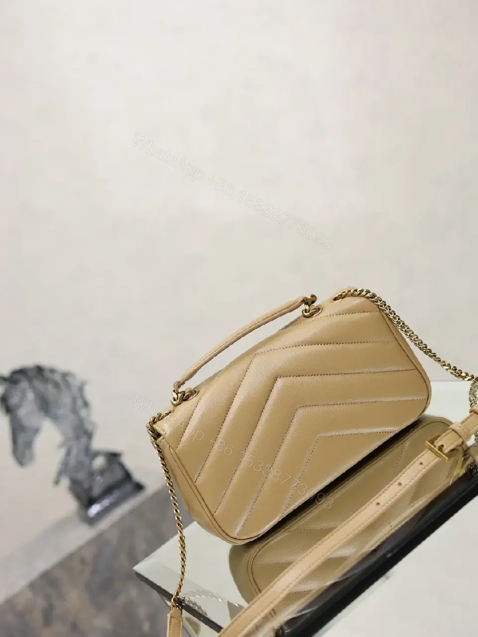 View 4 of Beige Leather Structured Top-Handle Flap Bag with YSL Logo