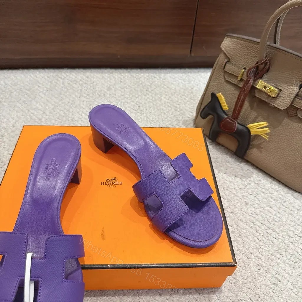 View 3 of Purple Leather Heeled Sandals Hermès-Style Slide Sandals