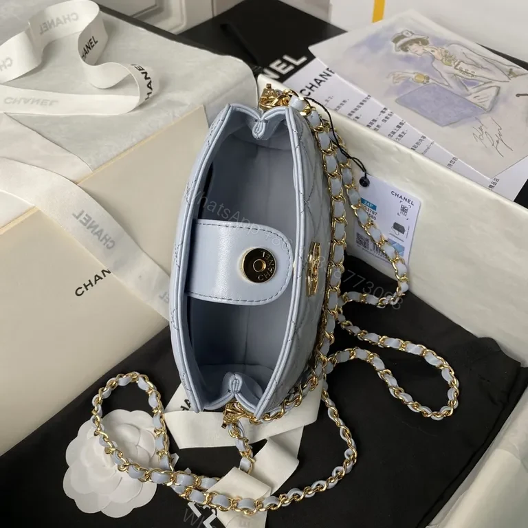 View 7 of Soft Denim-Blue Chanel-Style Quilt Mini Bag with Gold Chain