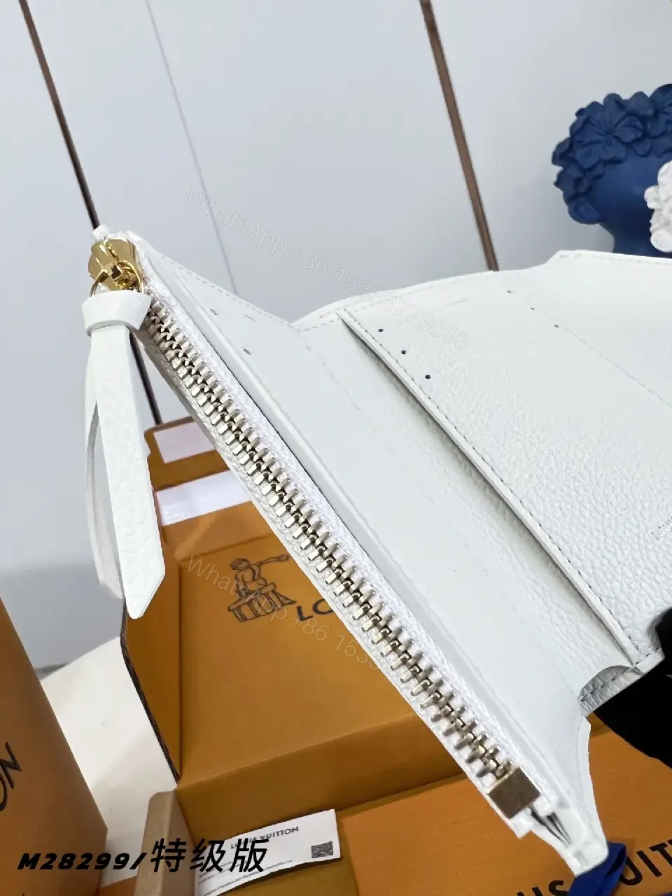 View 7 of Chic White Pebble Leather Wallet: Pink LV Accents, Compact Luxury