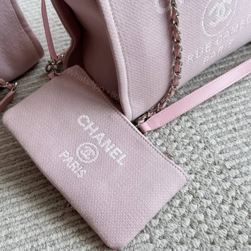 View 5 of Chanel Small Deauville Shopping Tote Bag Mixed Fibers Pink 33Cm