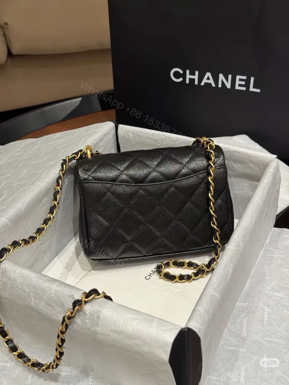 View 4 of Black Quilted Calfskin Flap Bag with Gold Chain - Compact Luxury Bag