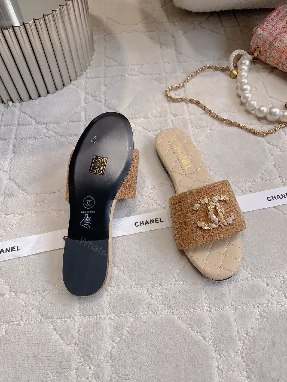 View 8 of Quilted Slides with Crystal Emblem - Luxe Everyday Comfort