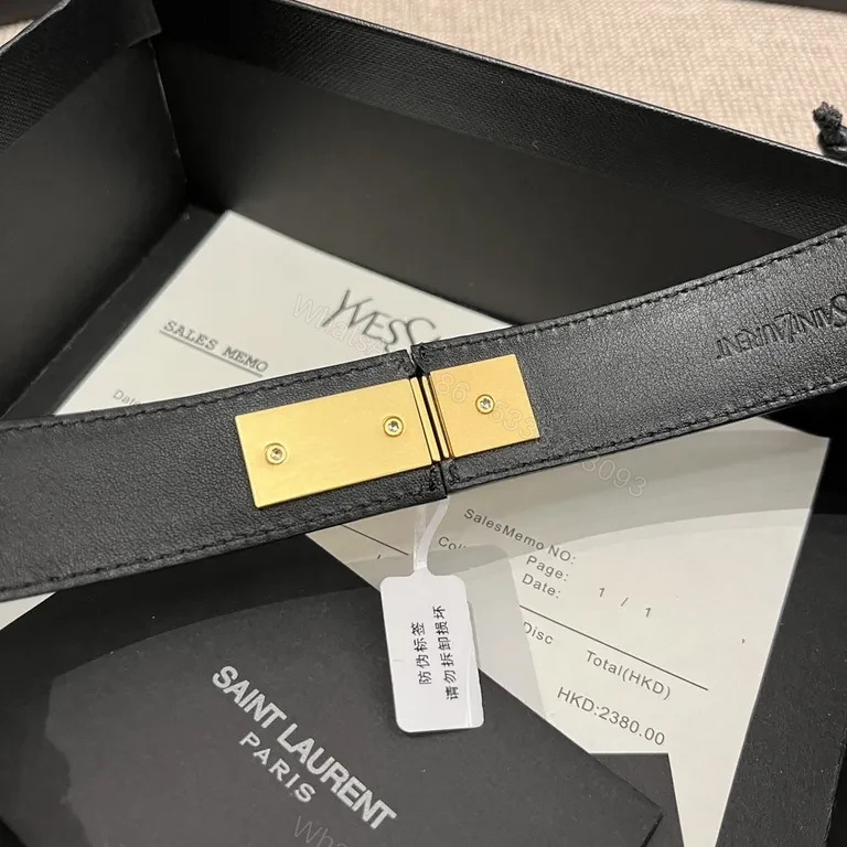 View 2 of Chic Black Leather Belt with Gold YSL-Inspired Clasp