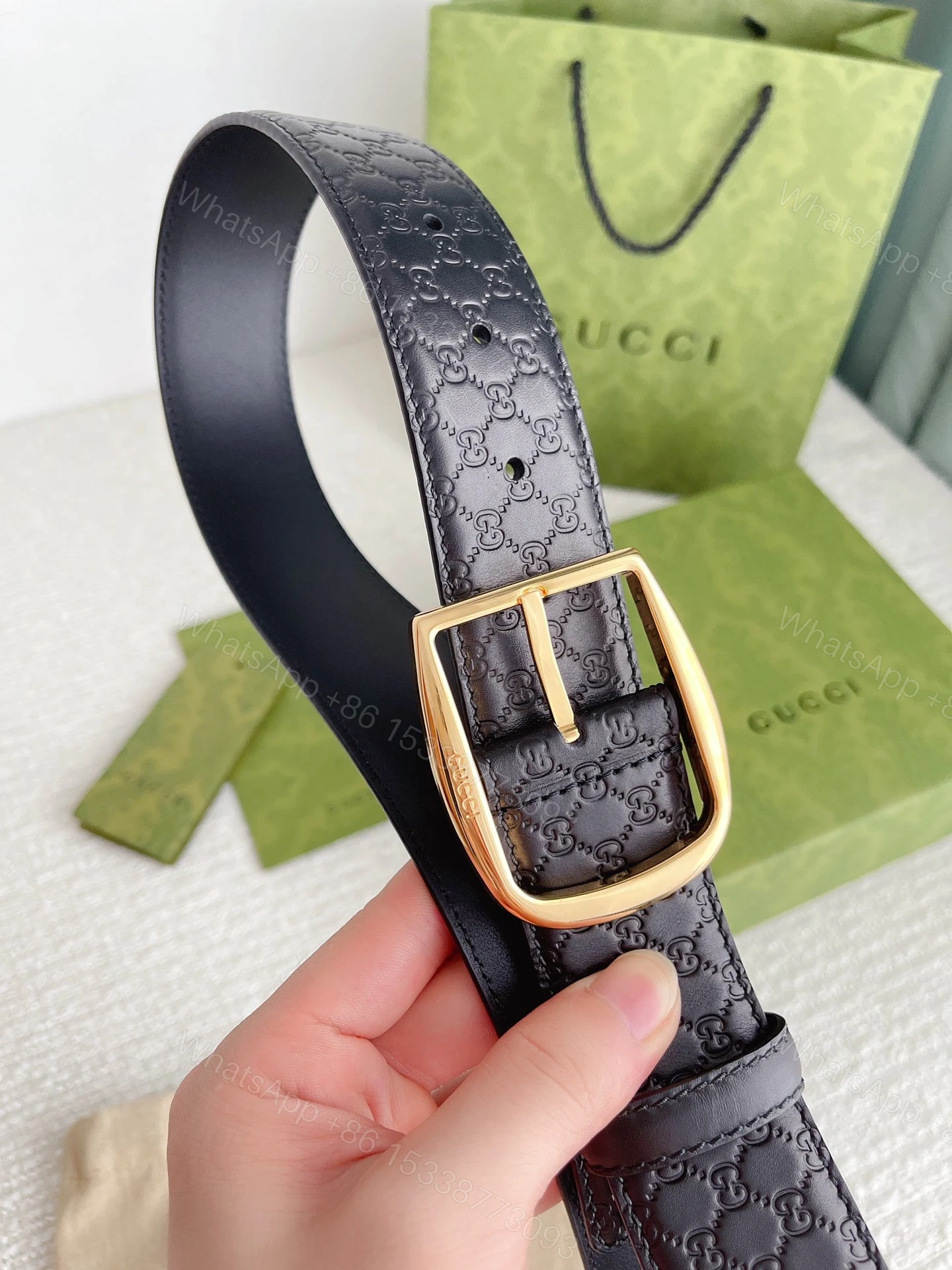 View 2 of GUCCI CALFSKIN MONOGRAM BLACK BELT GOLD METAL 4CM