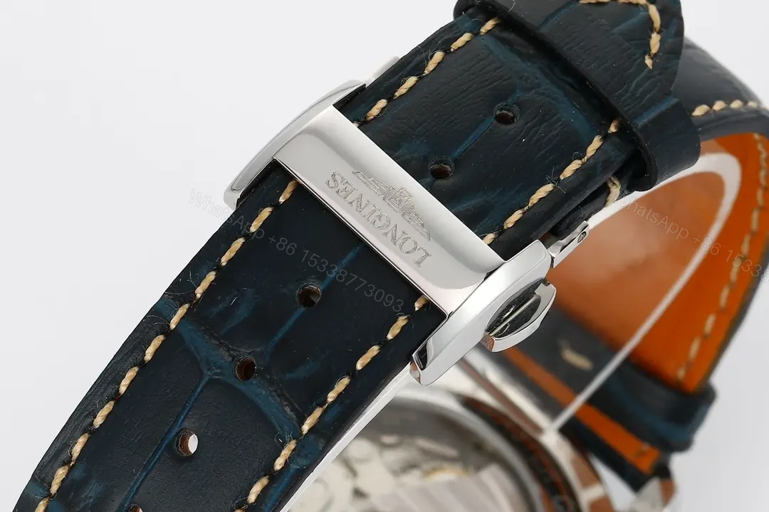 View 9 of Longines Master Collection Moonphase Blue Dial Automatic Watch with Leather Strap