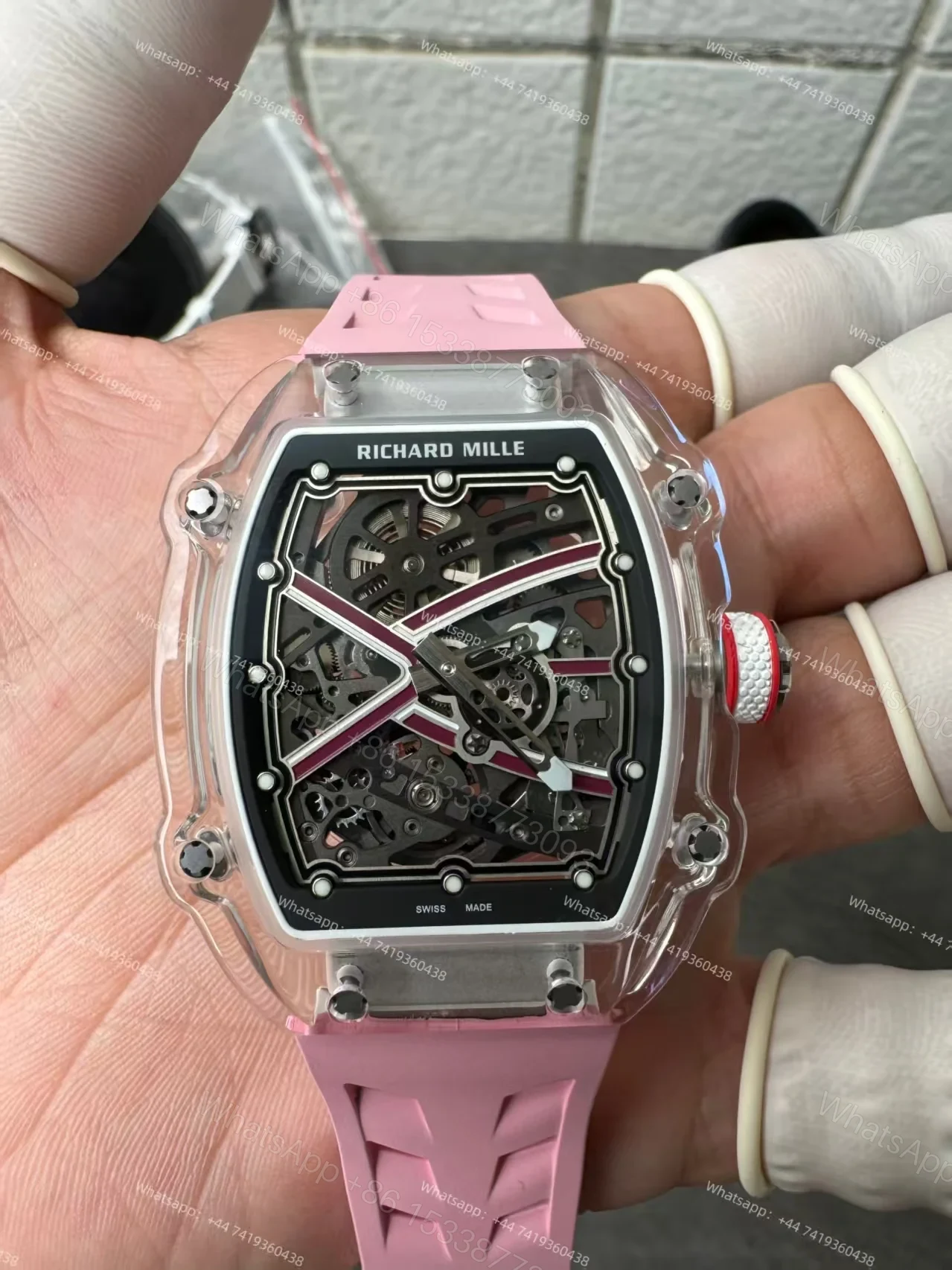 View 7 of Super Clone Richard Mille RM67-02 Sapphire Crystal Skeleton Tourbillon 1:1 Replica Watch with Pink Rubber Strap
