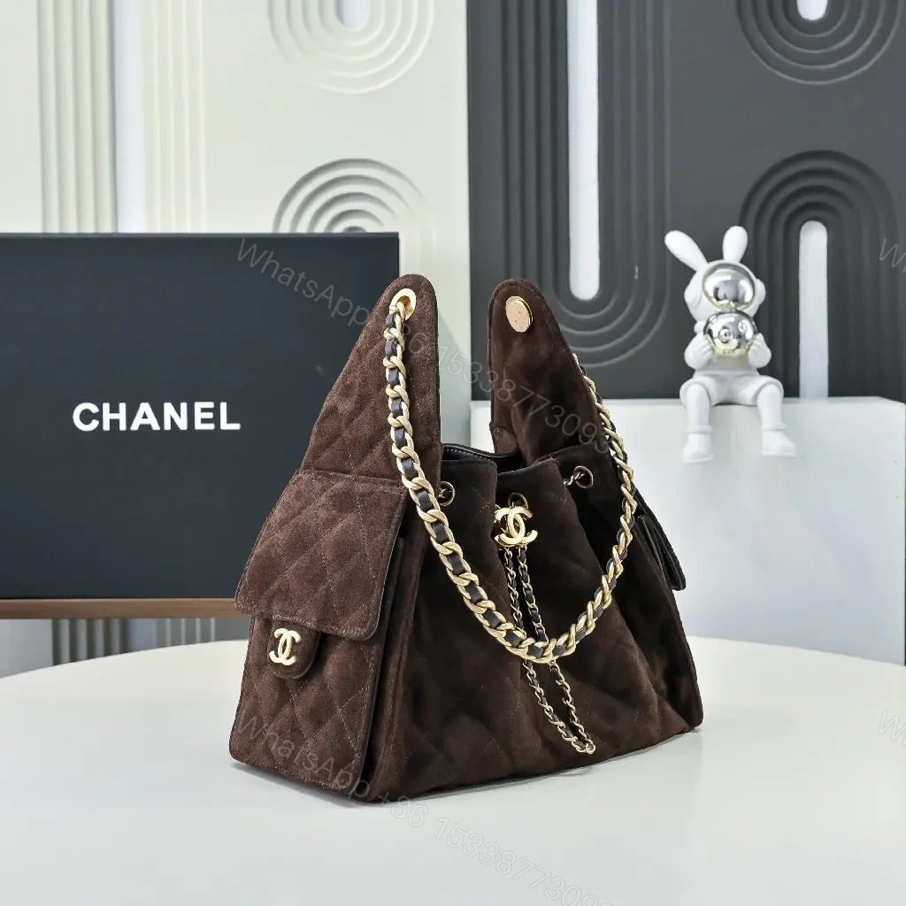 View 3 of Dark Chocolate Suede Bag with Gold Chain Detail, Flap Style Bag