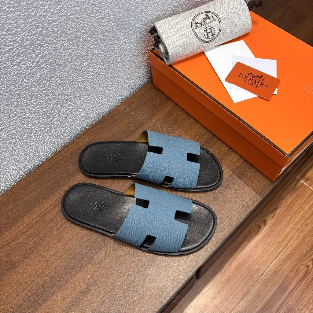 View 7 of Blue Leather Slide Hermès-Inspired Modern Slip-On Comfort Sandals
