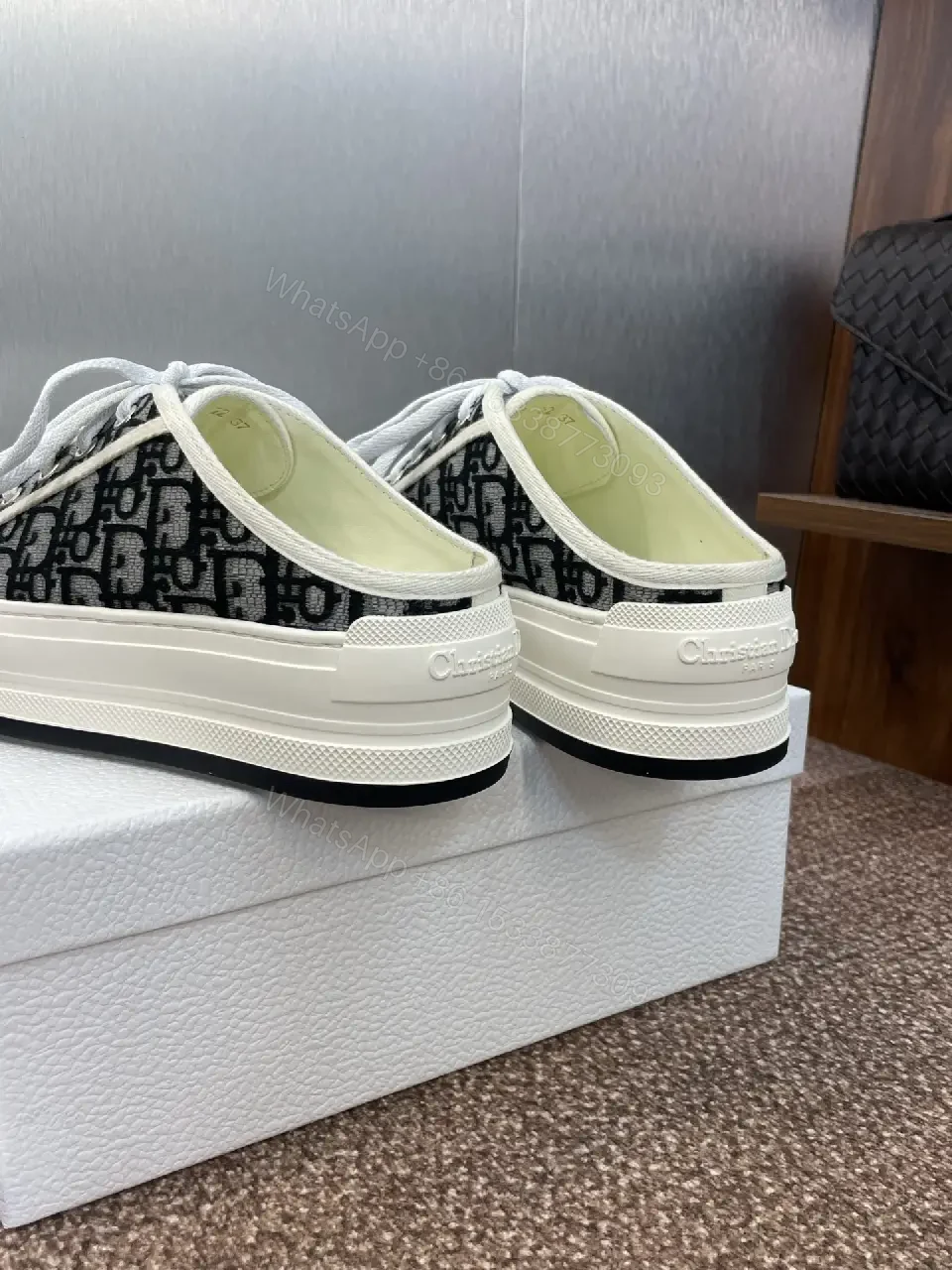 View 3 of Black & White Canvas Low-Top Sneakers, Christian Dior Style, Classic Feature