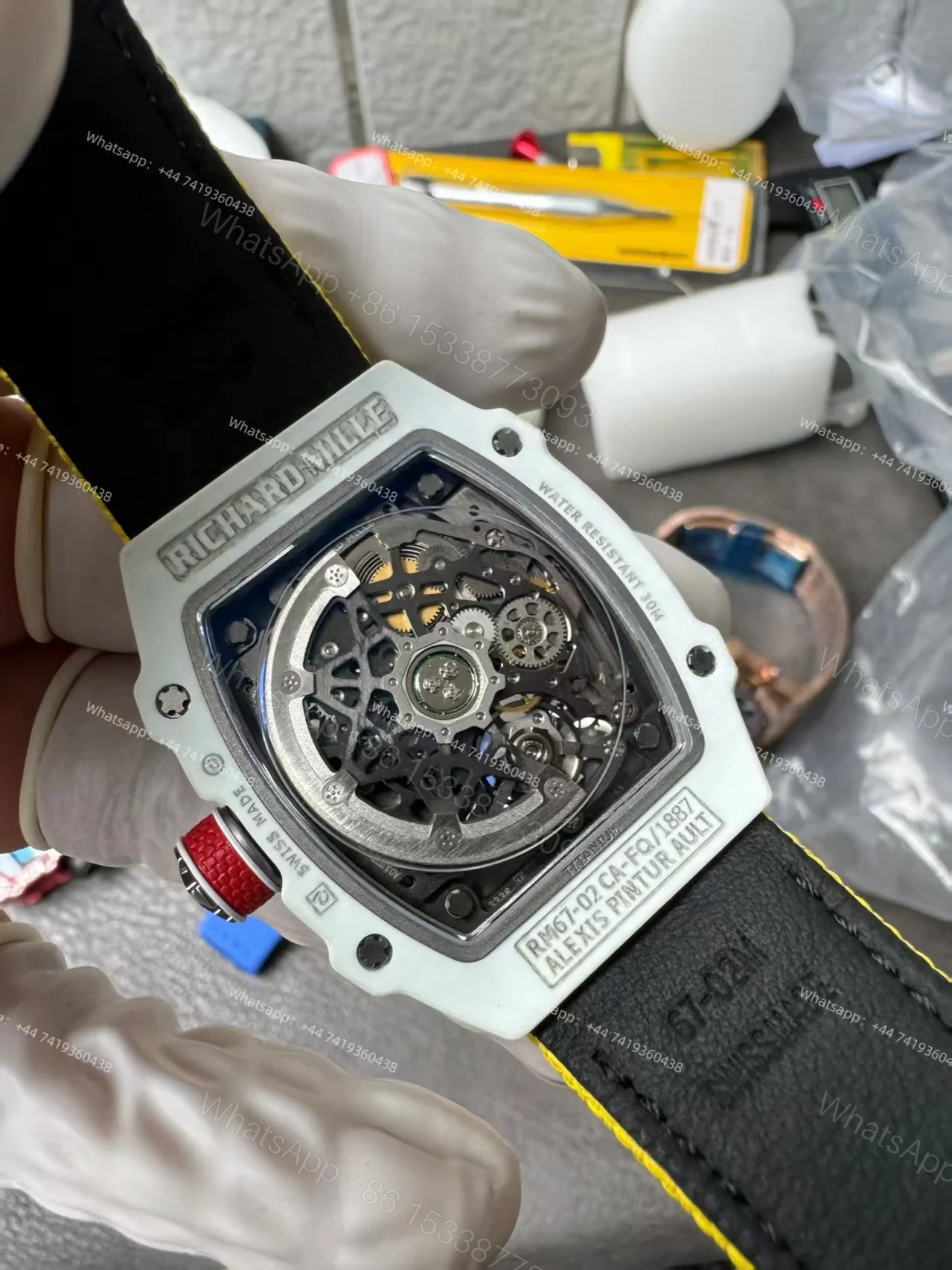 View 10 of Super Clone Richard Mille RM67-02 White Ceramic Skeleton Tourbillon 1:1 Replica Watch with Yellow Strap