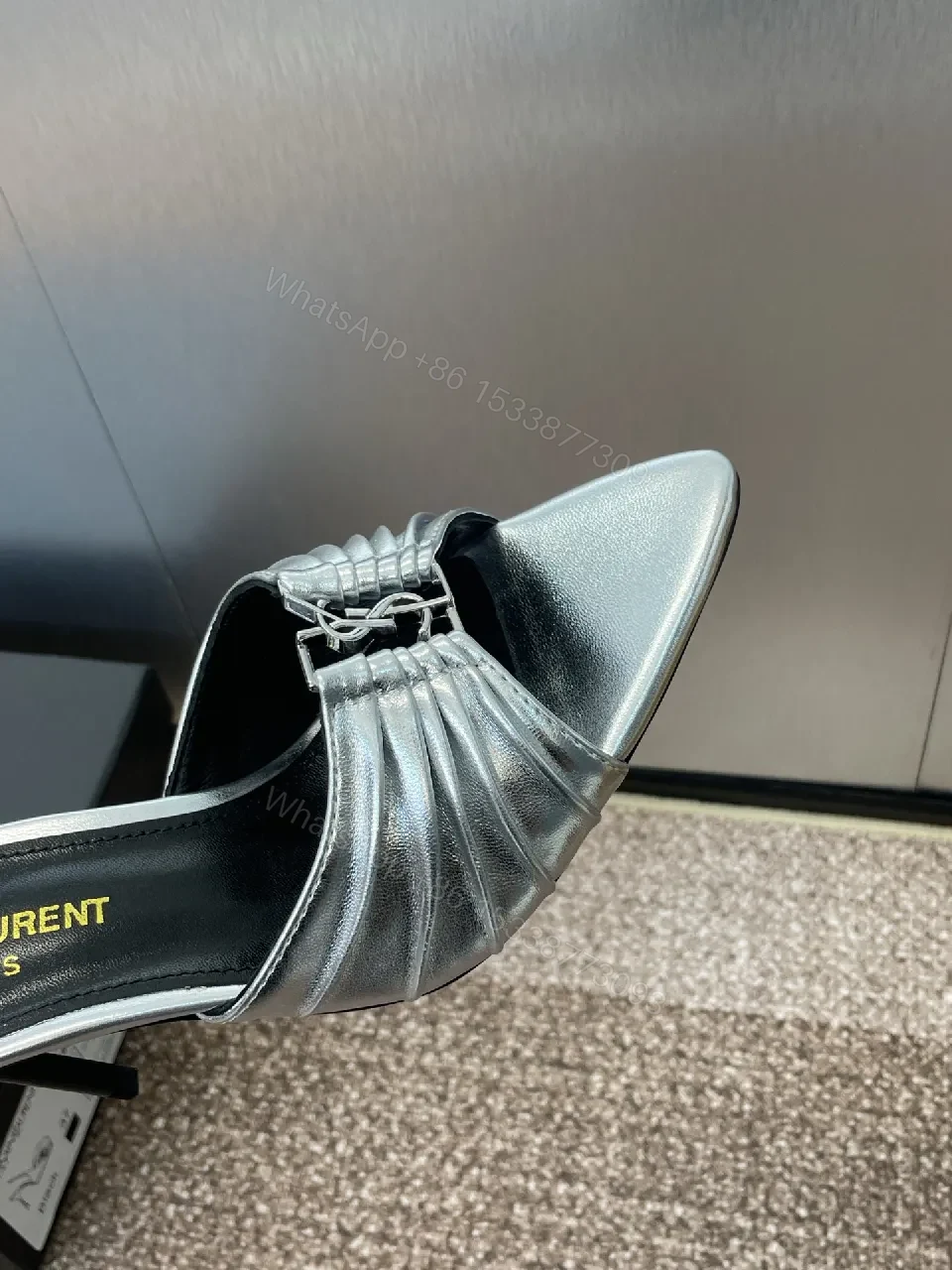 View 8 of Metallic Pointed-Toe Mule Heels with Signature Hardware Realized