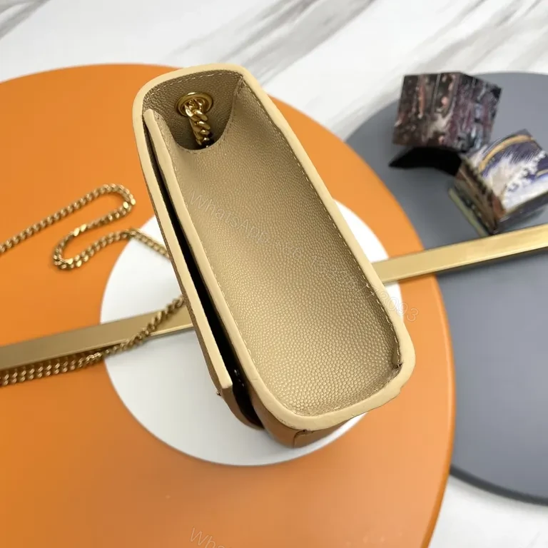 View 6 of Beige Leather Wallet-on-Chain with Gold YSL Logo