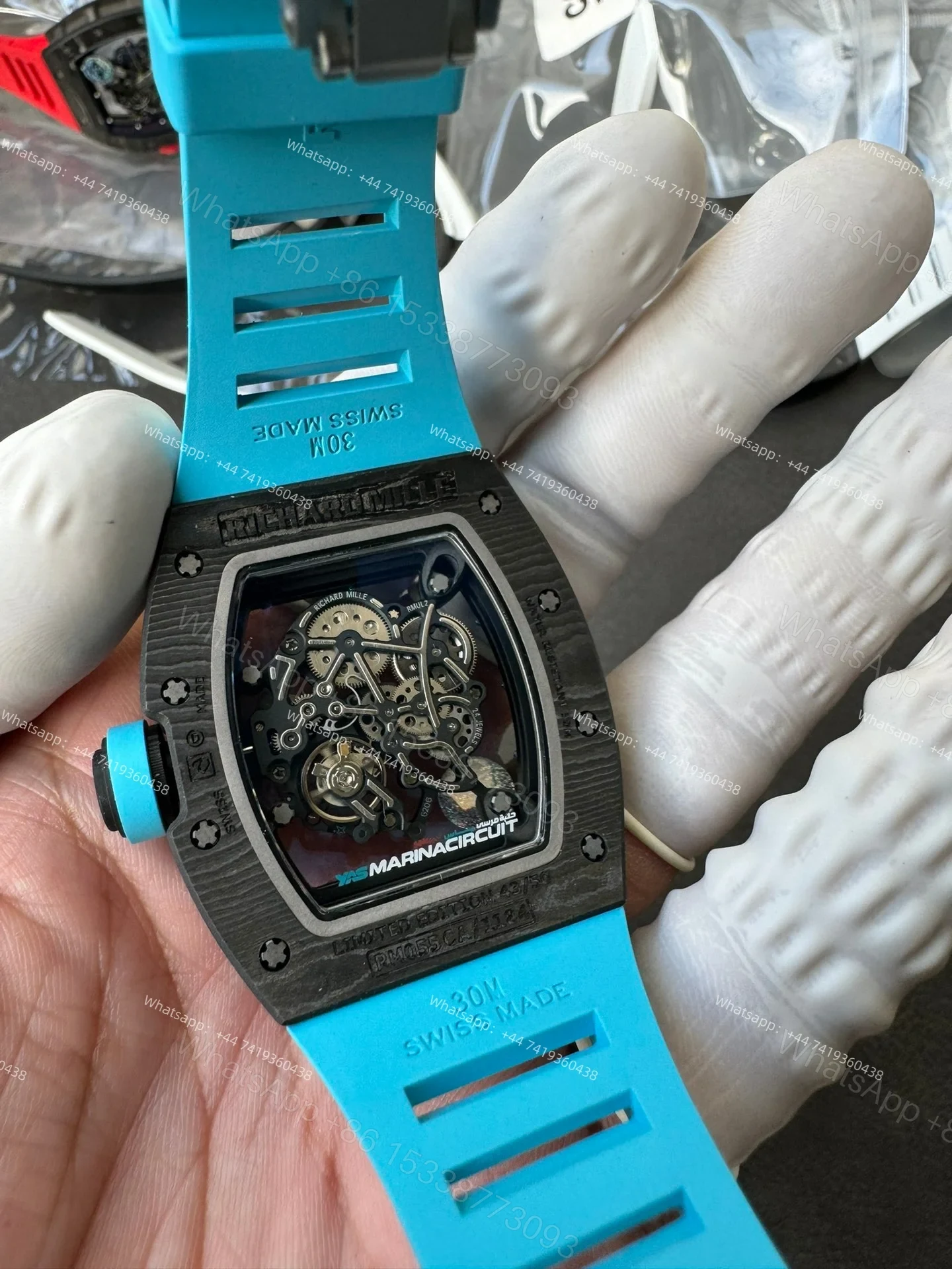 View 11 of Super Clone Richard Mille RM 055 Carbon TPT Blue Rubber Strap 1:1 Replica Watch