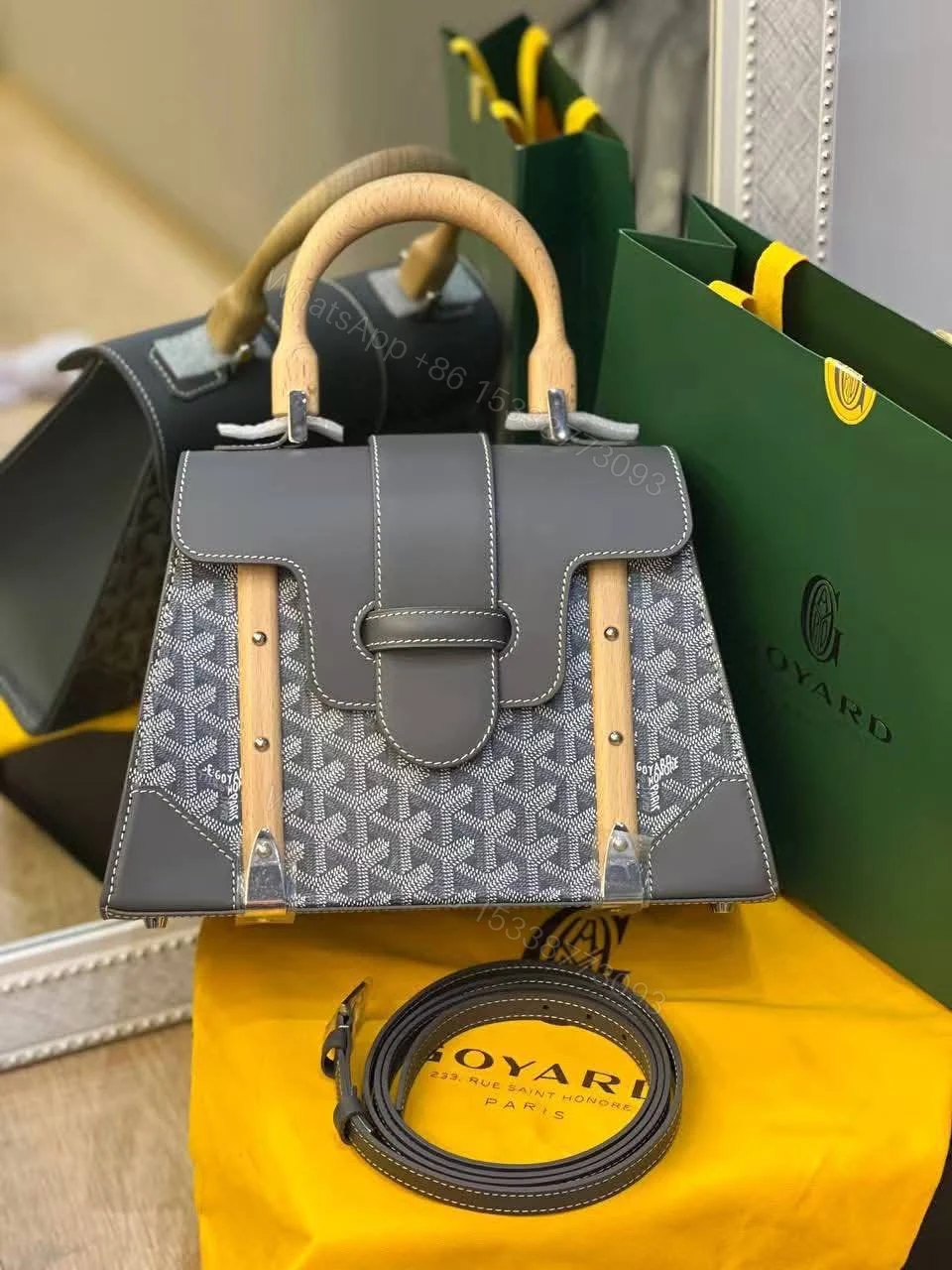 View 5 of Goyard Goyardine Saigon Grey Big PM Top Wooden Handle Bag First Copy | AAA+ Replica
