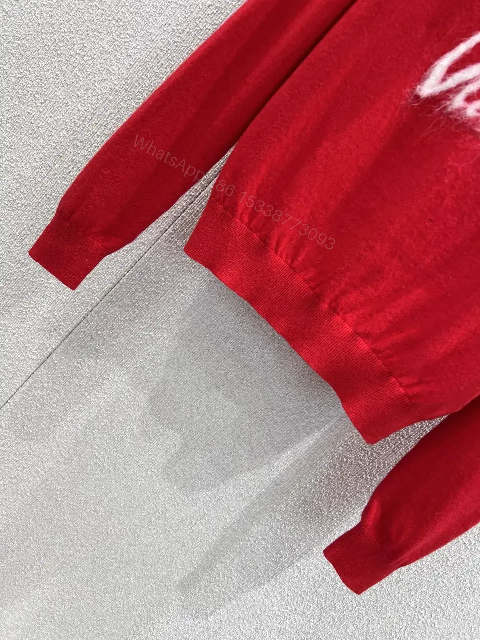 View 8 of Red Knit Crewneck with White Script Sweater Edge