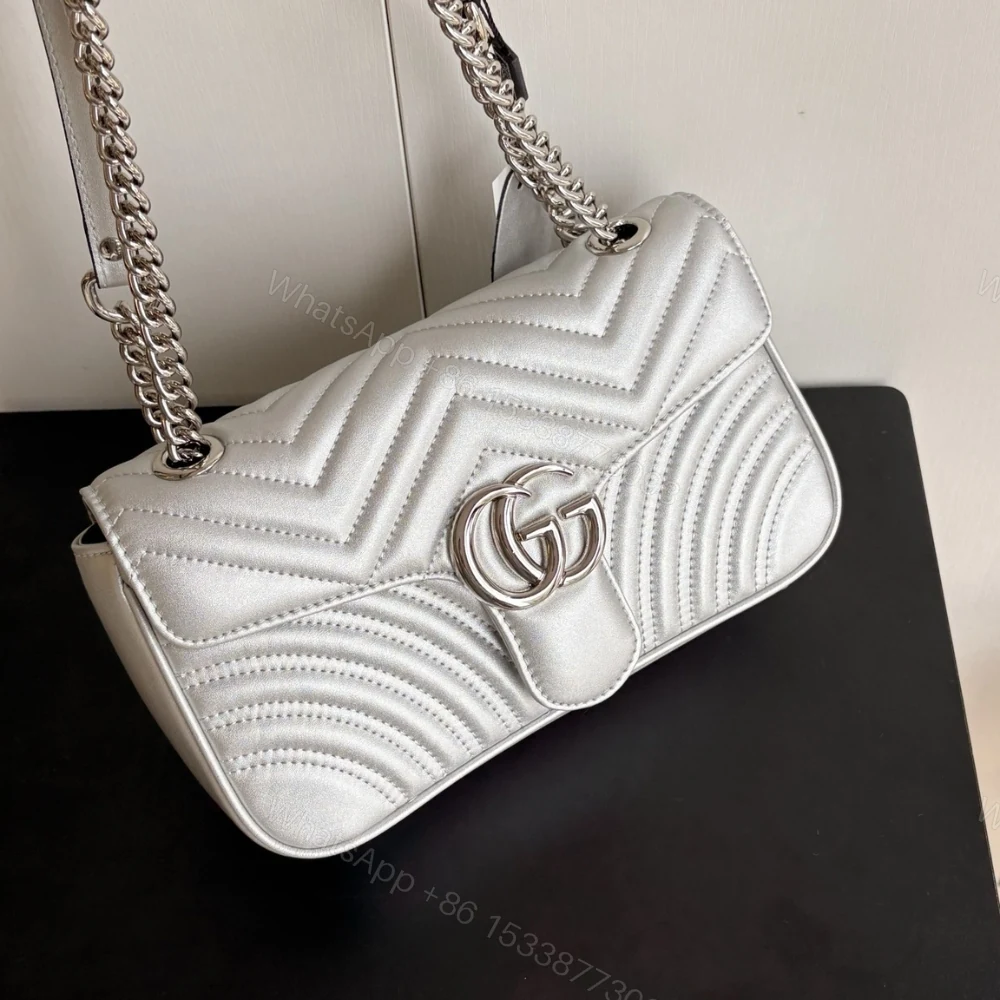 View 2 of Gucci Gg Marmont Medium Shoulder Bag Metallic Silver 26Cm