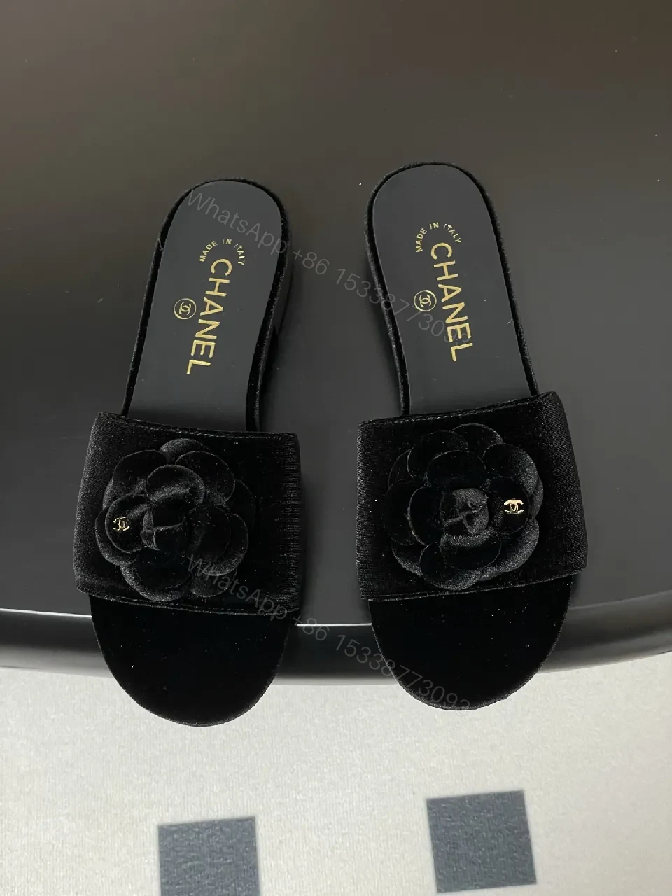 View 7 of Velvet Rose Slide Sandals: Luxury Comfort, Black, Open-Toe