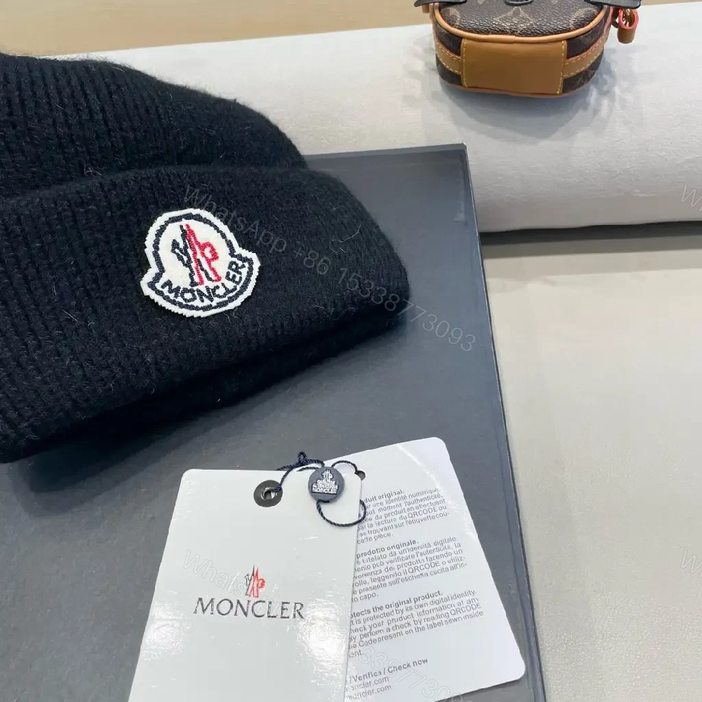 View 3 of Wool Blend Beanie with Crest Embroidery, Black, Modern Luxury Edge