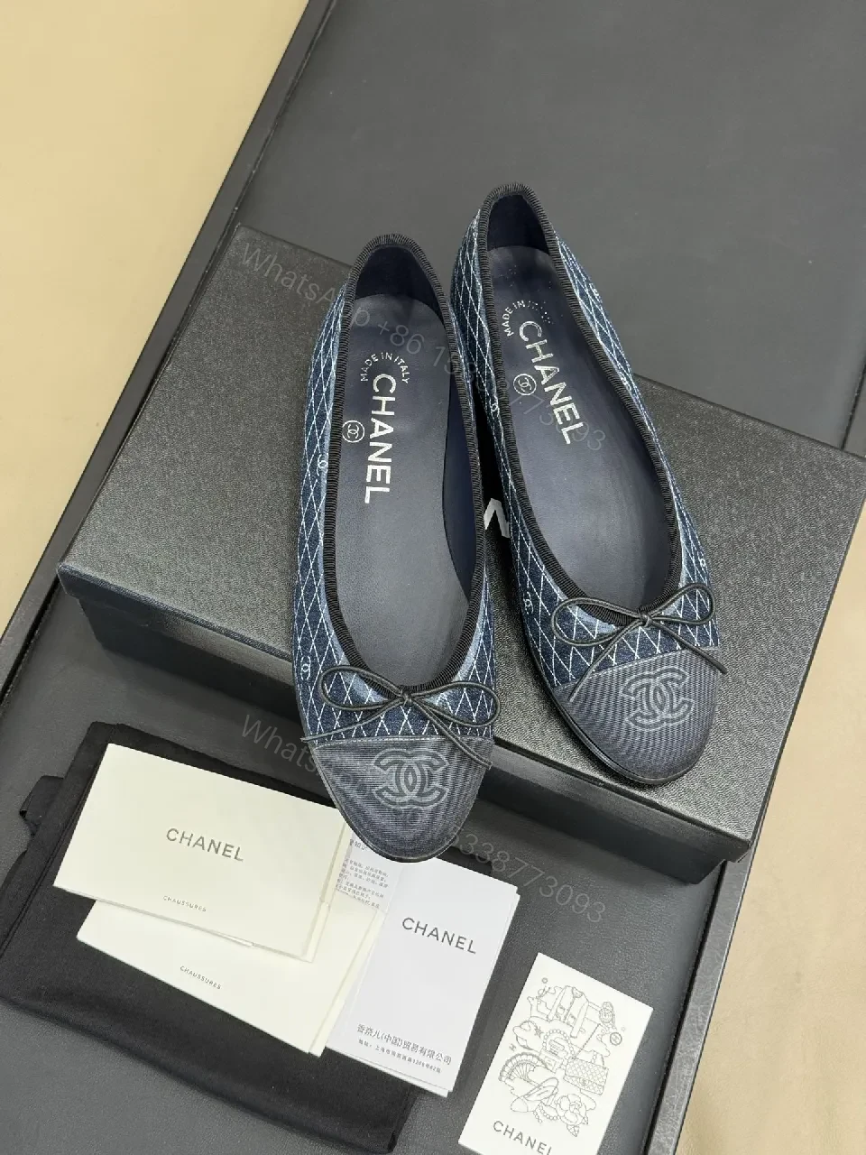 View 2 of Denim-Textured Ballet Flats with Monogram Detailing