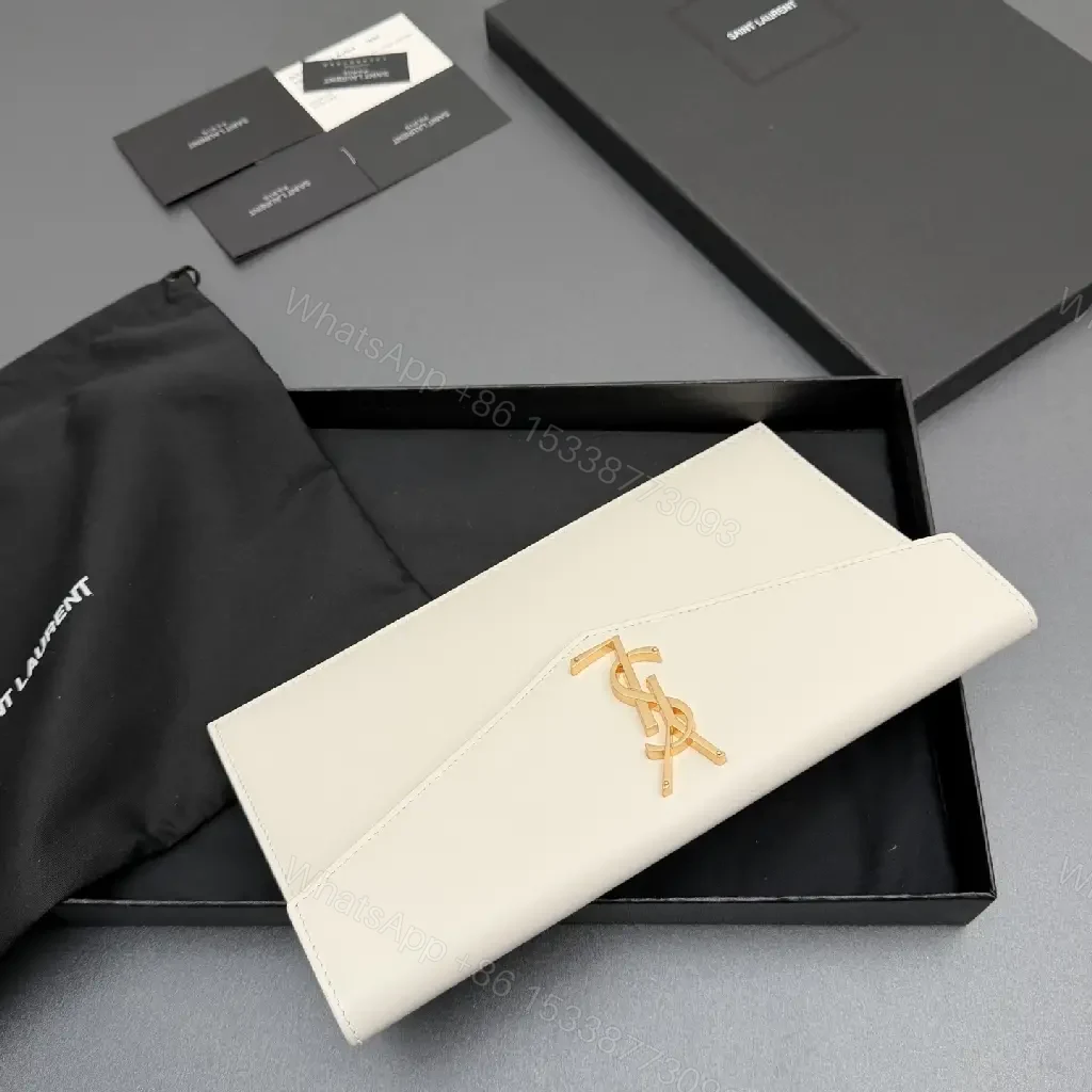View 2 of Ivory Leather Envelope Clutch with Gold-Tone Hardware, Minimalist Chic