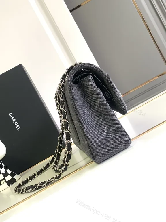 View 2 of Chanel-Style Denim Flap Bag with Crystal Chain Detail - Modern Luxury