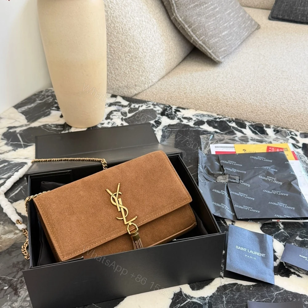 View 8 of Saint Laurent Kate Medium Tassel Crossbody Bag In Brown Suede With Gold Tone 22Cm