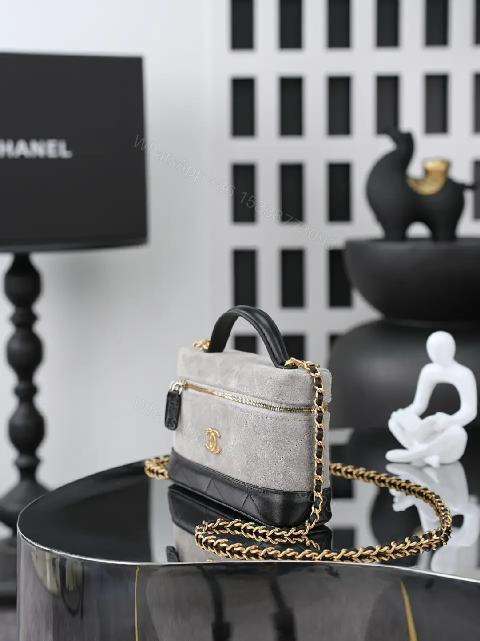 View 11 of Suede-like Gray Mini Handbag with Gold Accent