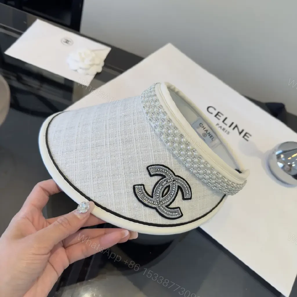View 8 of Light Gray Linen Visor Cap with Rhinestone Collar and Chanel Logo