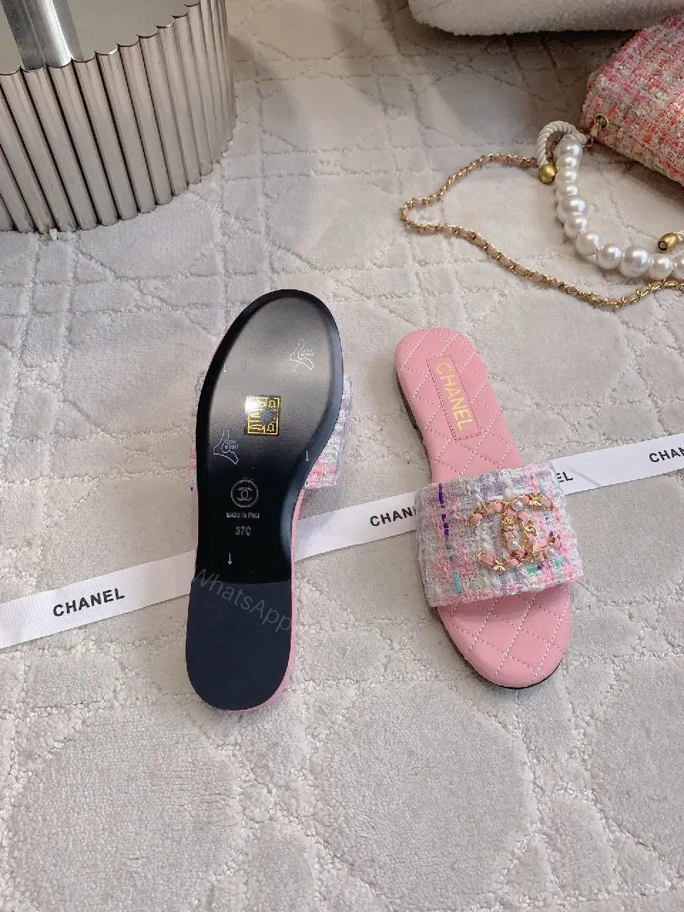 View 4 of Pink Quilted Slide Sandals: Luxe Comfortable Slip-Ons