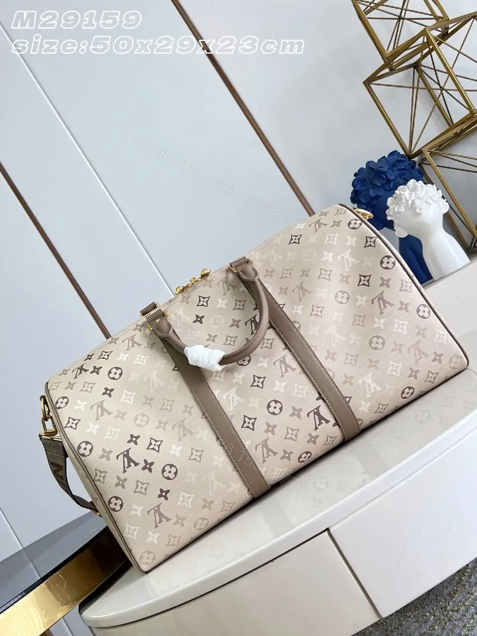 View 2 of Beige Taupe LV-Style Monogram Duffel Bag with Gold Hardware