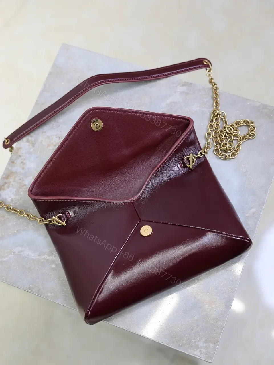View 4 of Burgundy Leather Crossbody, Satin-Gloss, Gold Hardware, Chic Couture