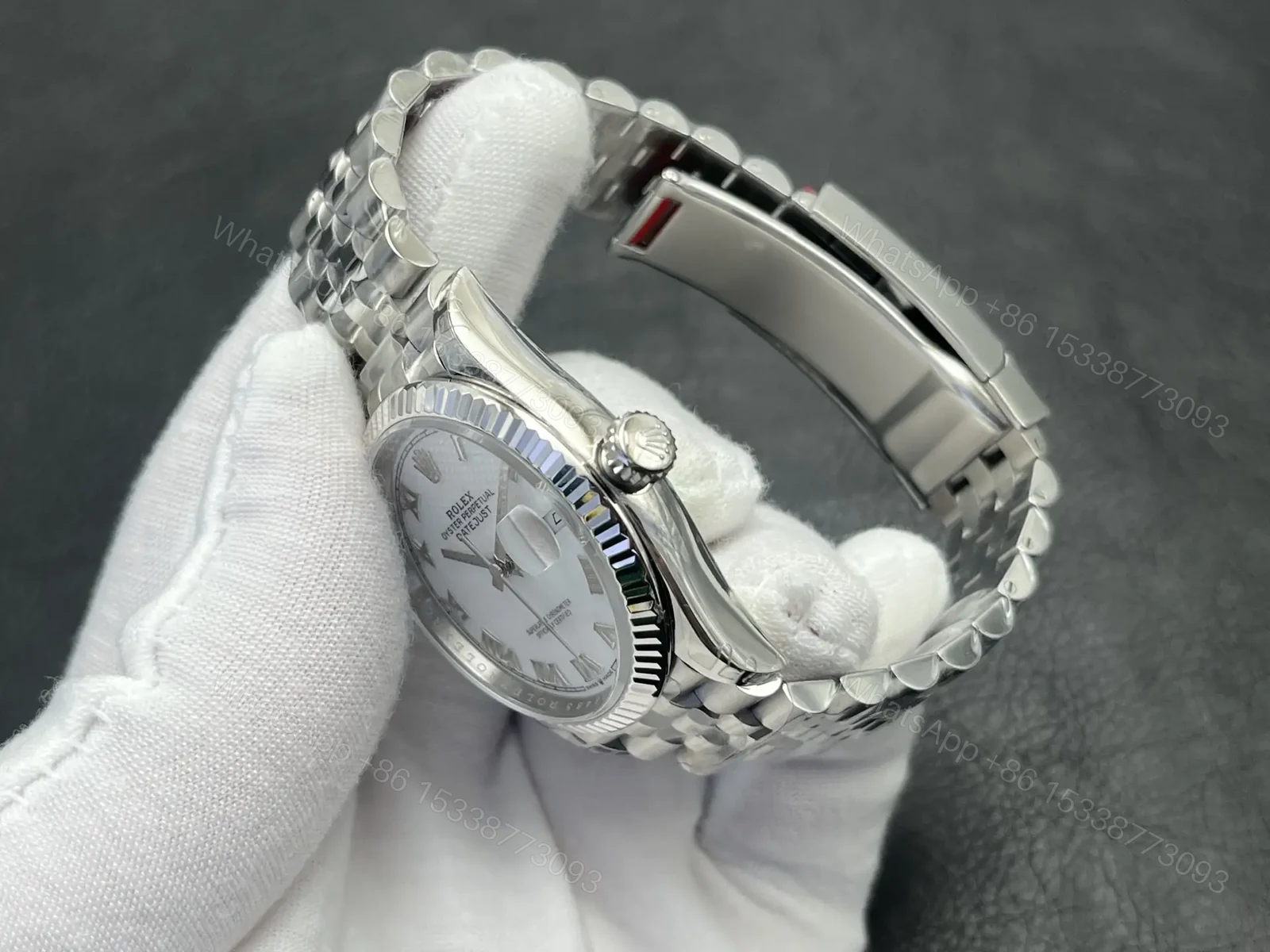 View 6 of Rolex Datejust 36 Stainless Steel Fluted Jubilee White Roman 116234-0089