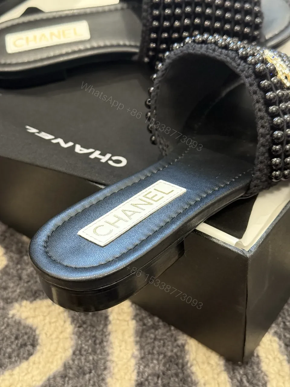 View 3 of Beaded Black Slide Sandals, Luxe-Beam, All-Day Comfort