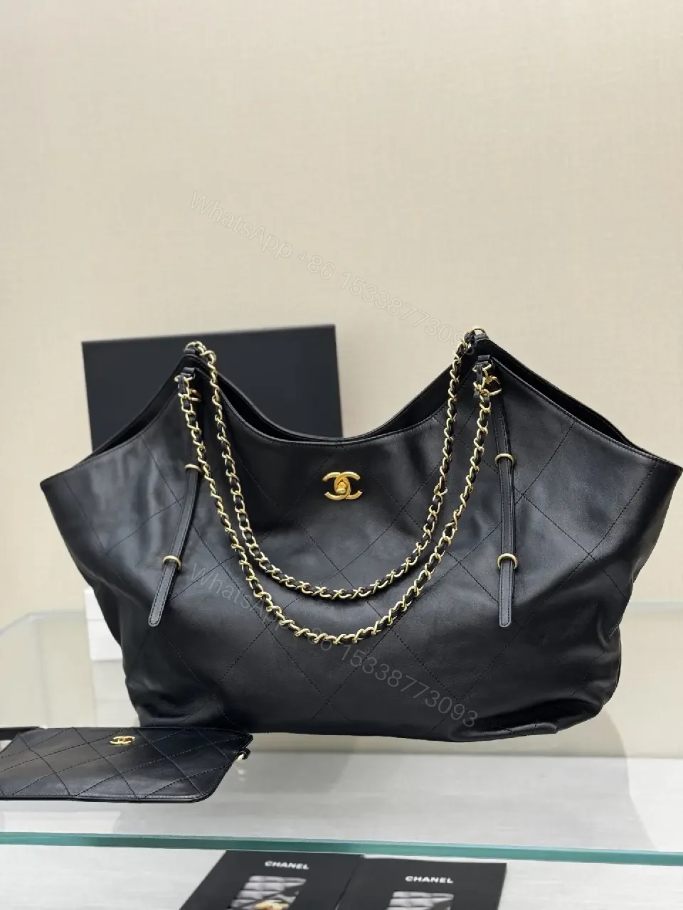 View 4 of Quilted Tote Black Leather-Style, Dual Chain, Luxury Tote