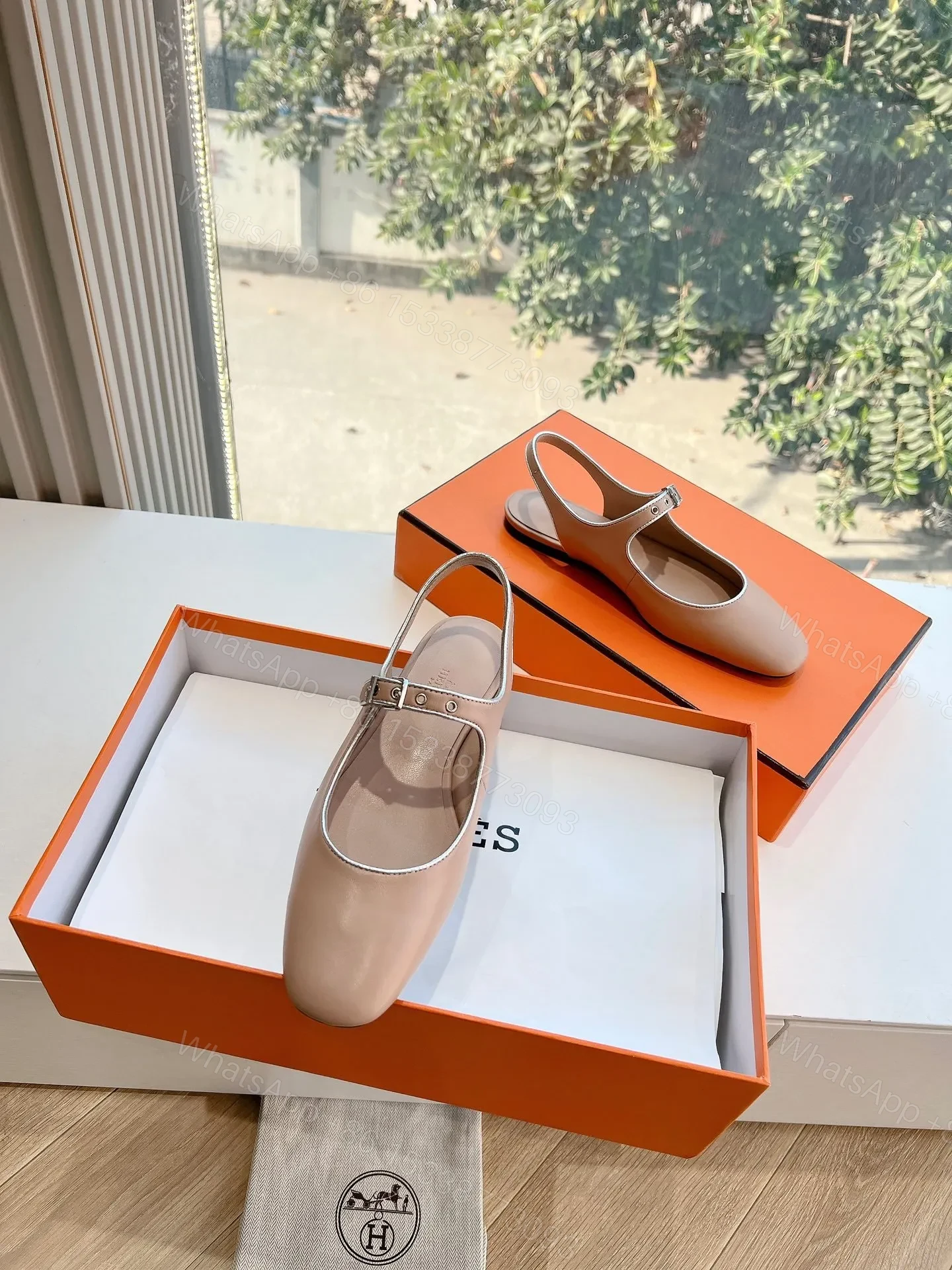 View 4 of Hermes Women Beige Leather Mary Jane Flats