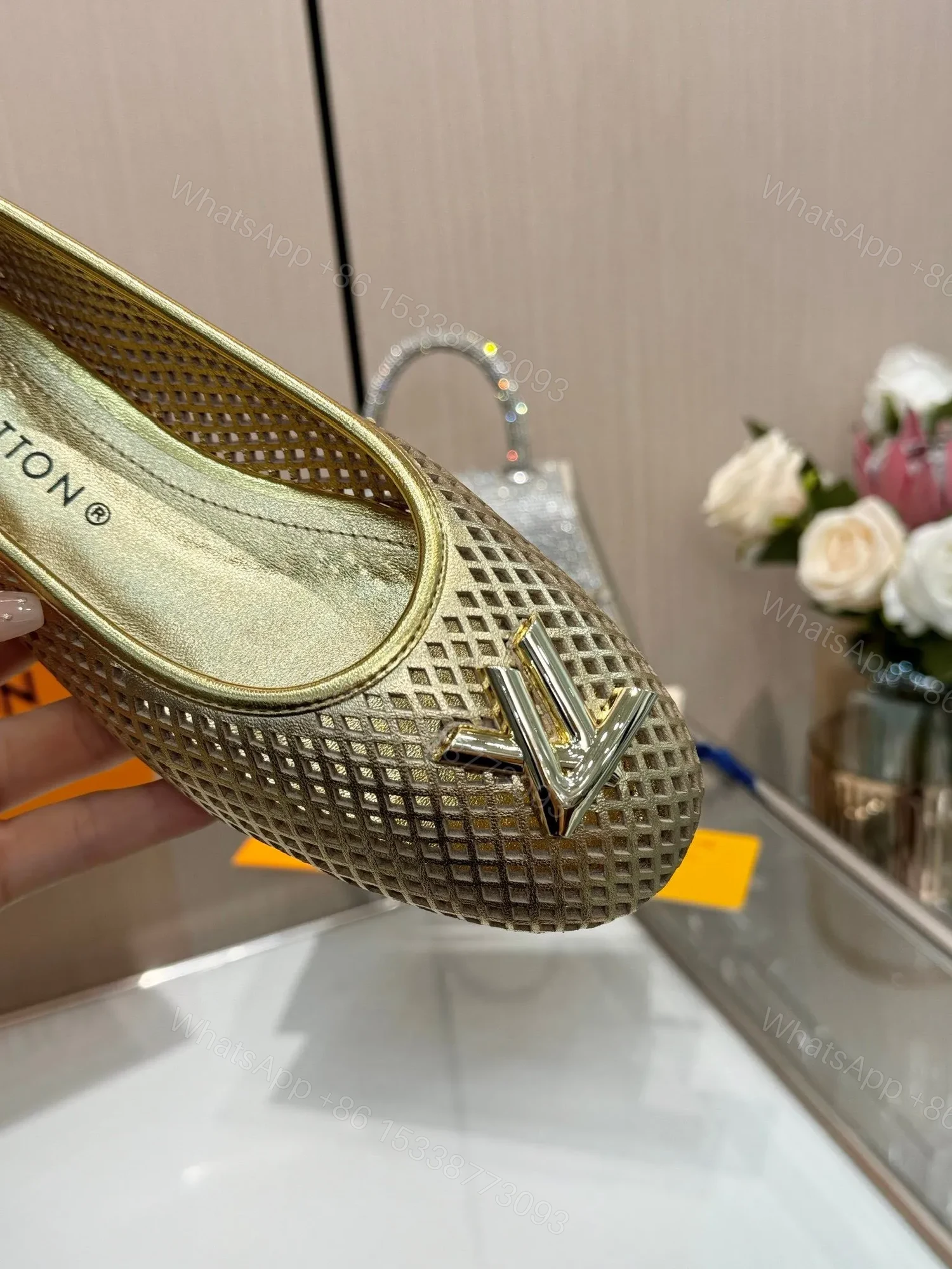 View 3 of LV Women Gold Metallic Mesh Ballet Flats