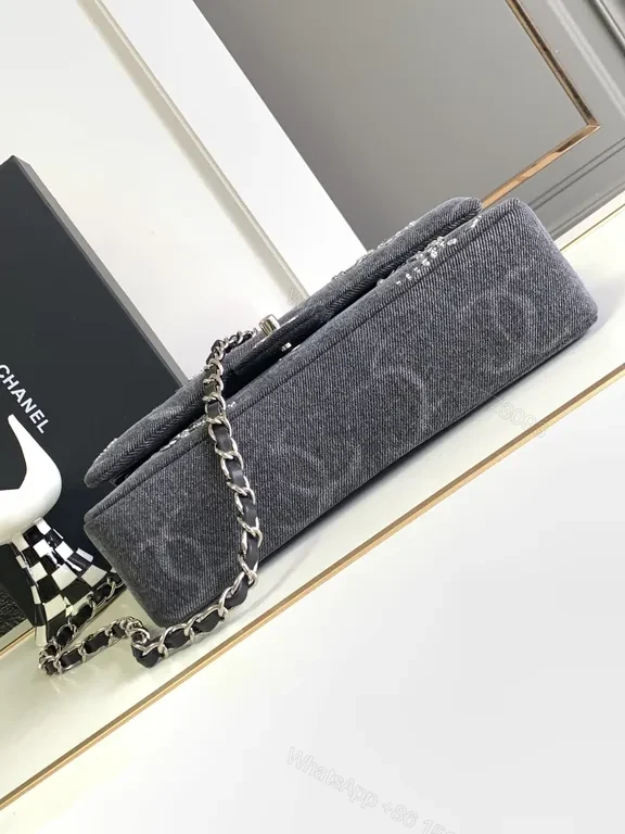 View 8 of Chanel-Style Denim Flap Bag with Crystal Chain Detail - Modern Luxury