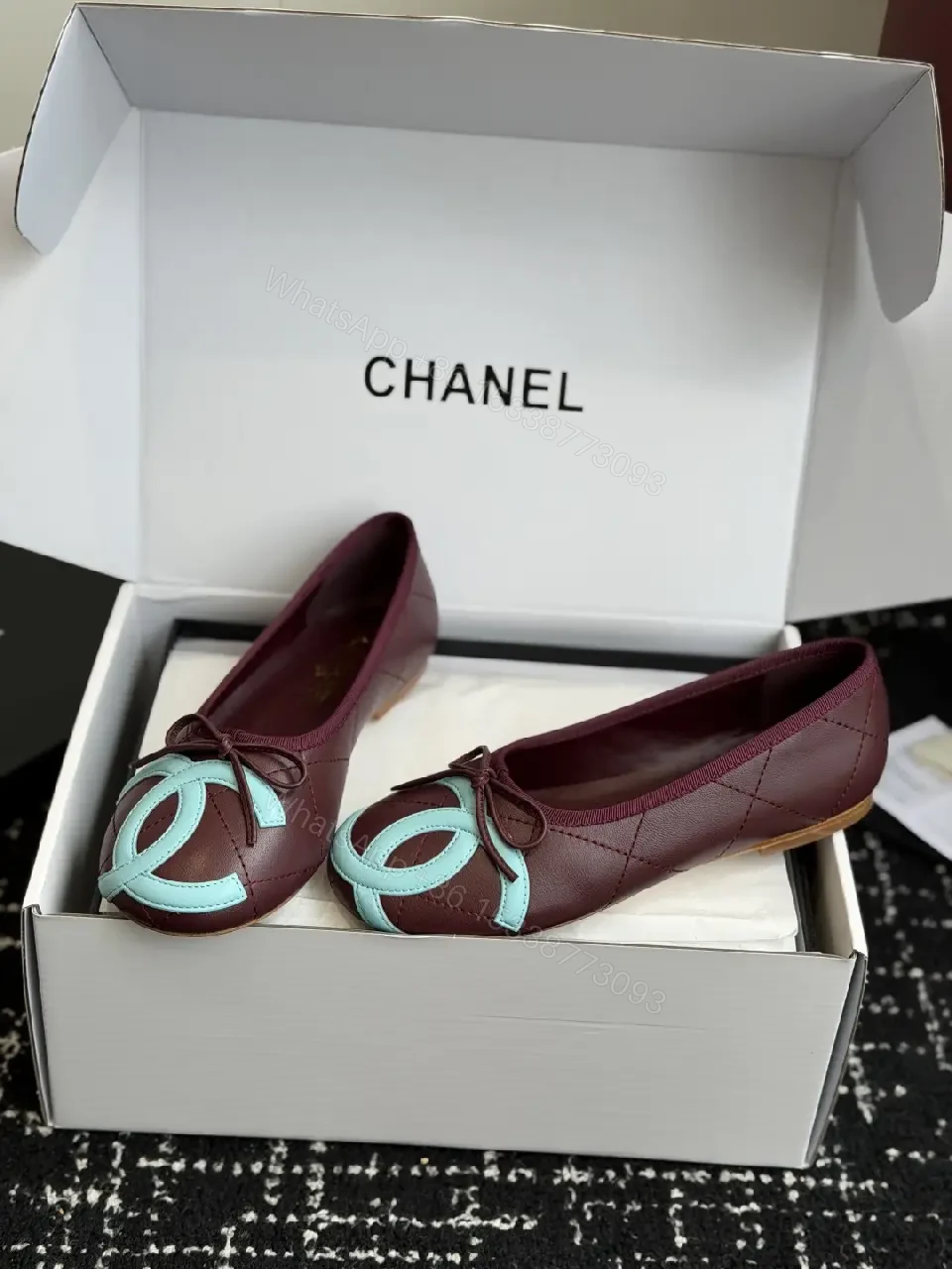 View 9 of Burgundy Leather Ballet Flats with Aqua Chanel Logo Details