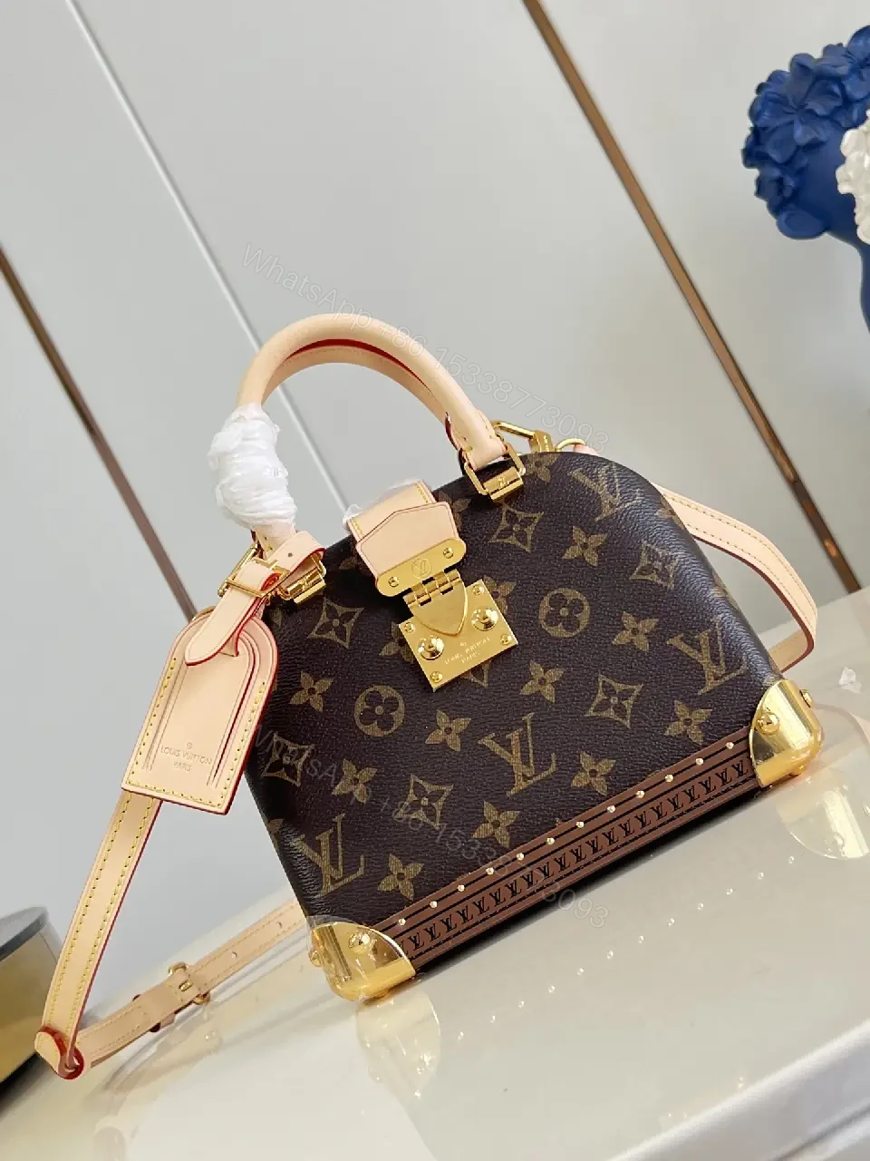 View 6 of Dark Brown Canvas Satchel: Leather Trim, Gold Hardware, LV Monogram