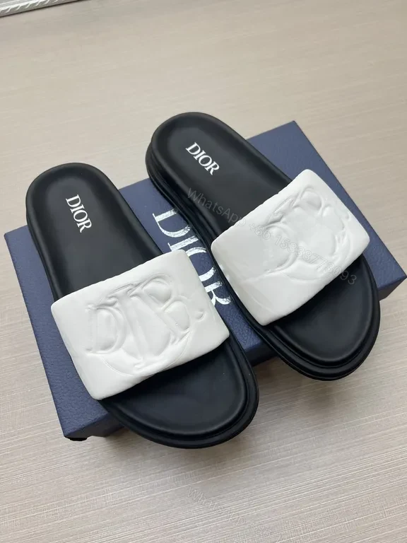 View 3 of White Leather Dior-Logo Slide: Elevated Minimalism