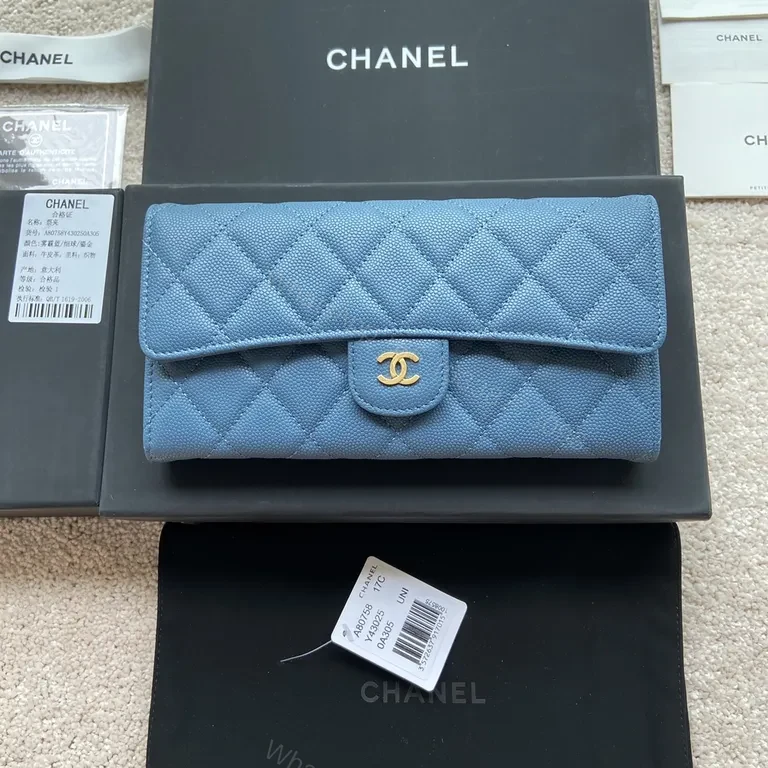 Blue Quilted Denim Wallet: Chanel-Style, Gold Hardware, Compact Luxury — view 1