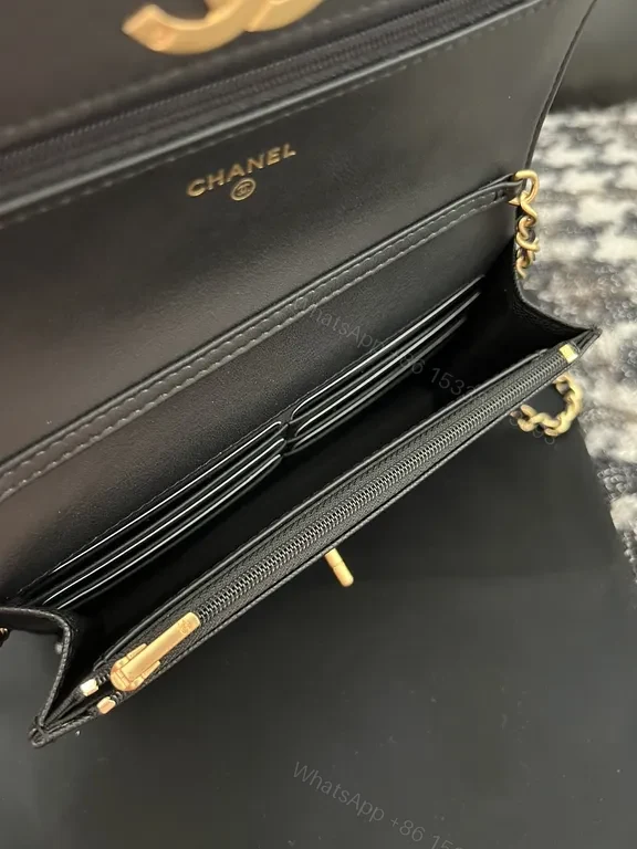 View 4 of Chic Quilted Wallet on Chain: Black Leather, Luxe Gold, CC Logo