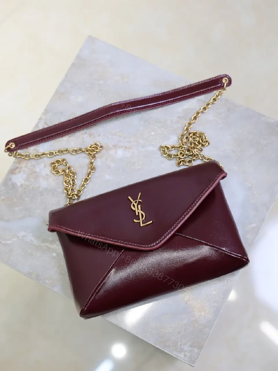 View 9 of Burgundy Leather Crossbody, Satin-Gloss, Gold Hardware, Chic Couture