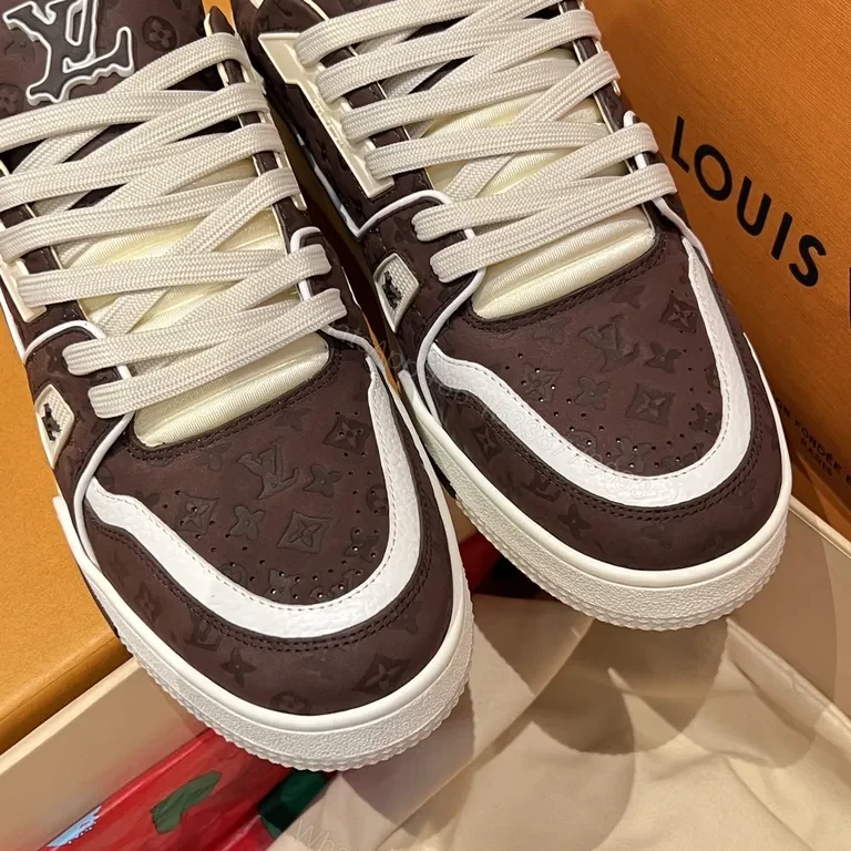 View 6 of Brown Leather Low-Top Sneakers with LV Monogram, White Trim and Sole