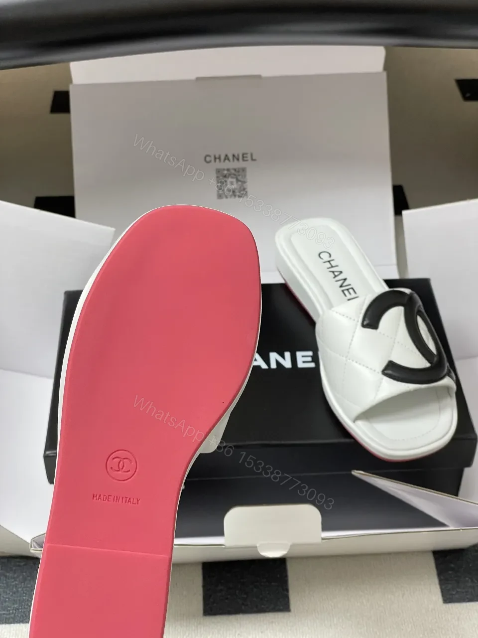 View 3 of White Quilted Leather Slide with Interlocking Logo, Premium Comfort