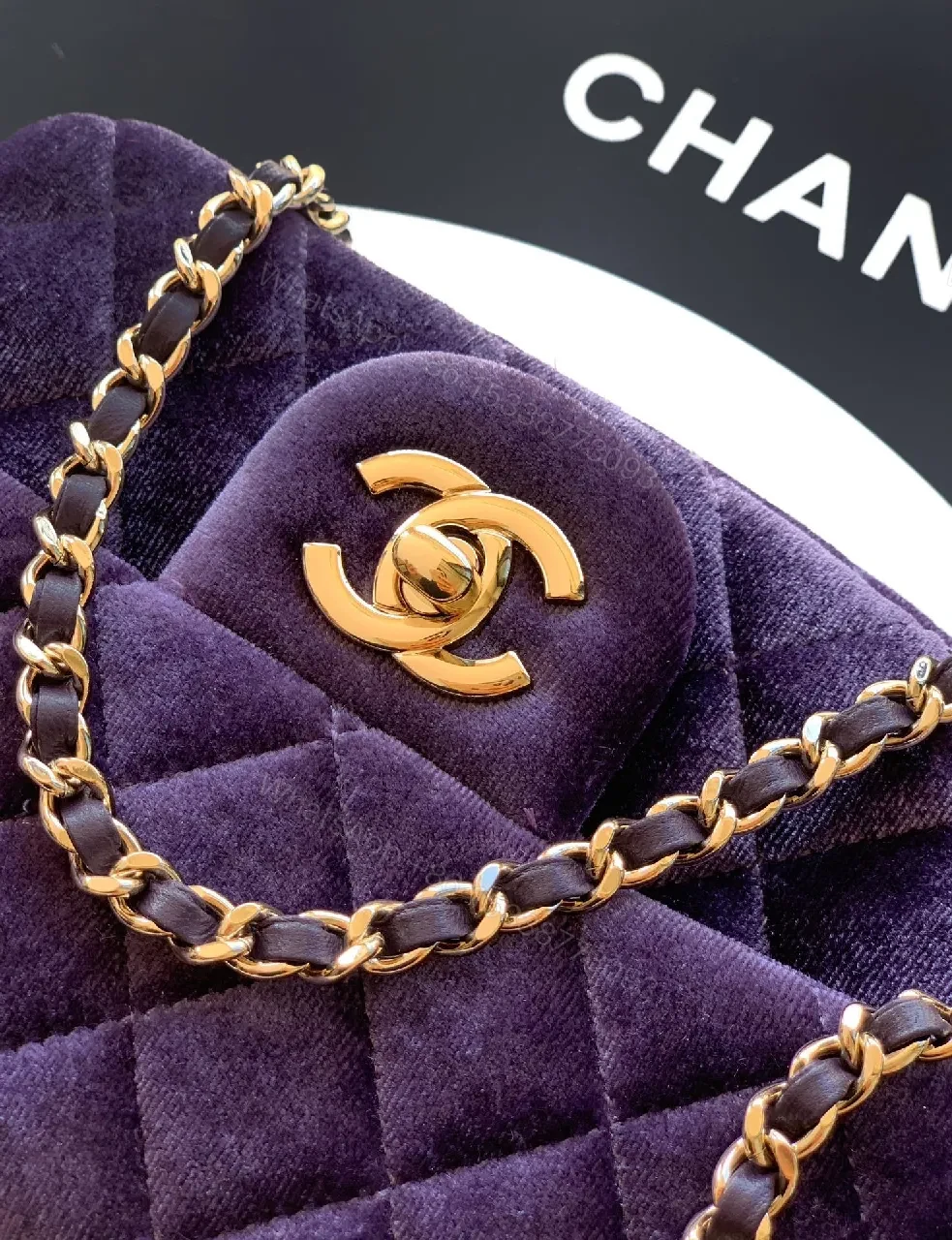 View 9 of Purple Velvet Quilted Shoulder Bag with Gold Hardware